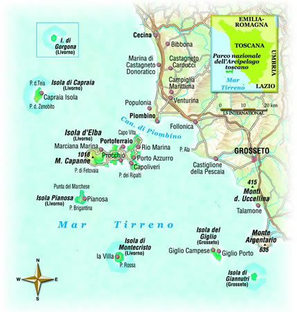 cartina del parco nazionale dell'arcipelago toscano