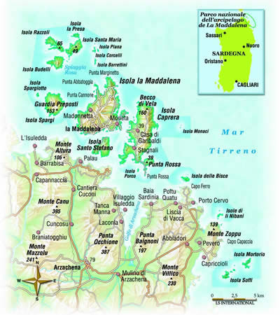 cartina del parco nazionale  dell'arcipelago di la maddalena