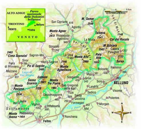 cartina del parco nazionale delle dolomiti bellunesi