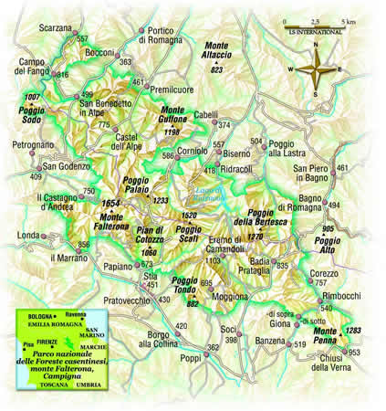 cartina del parco nazionale  delle foreste casentinesi, monte falterona e campigna